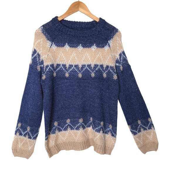 Mohair Knit Sweater XL Blue Beige Diamond Pattern Pullover Cozy Warm - Picture 2 of 14